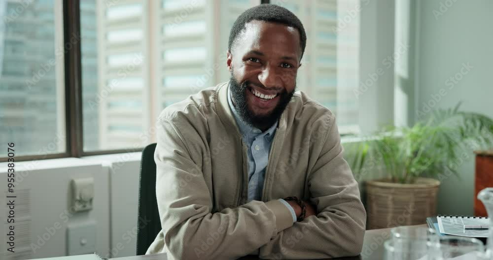 Office, face and black man with arms crossed for business, professional career and ambition with smile. Happy, male consultant and confidence in law firm for justice, legal advice and pride for job Office, face and black man with arms crossed for business, professional career and ambition with smile. Happy, male consultant and confidence in law firm for justice, legal advice and pride for job