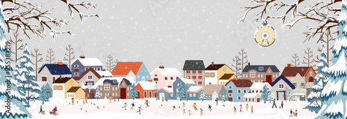 Winter City Scene,Christmas Greeting Card,New Year 2025 Background,Vector illustration of Horizon Cute Fairy Houses with Snowy for Christmas winter landscape Design for Postcard,Calendar,Web Banner