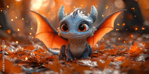 Charming dragon with big eyes among autumn leaves and fireflies, fantasy atmosphere photo