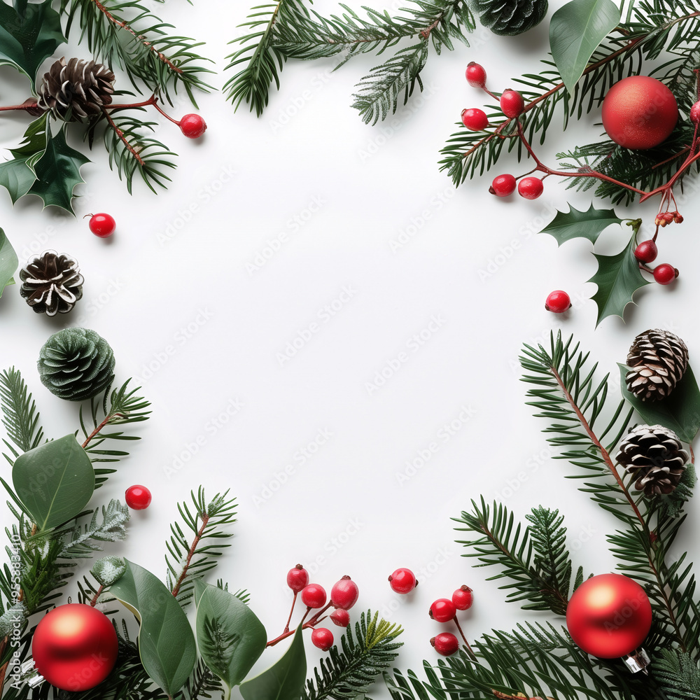 Christmas and New Year seasonal square template design with decorations and copy space for social media post. Red and green color tone on white plain background. Christmas and New Year seasonal square template design with decorations and copy space for social media post. Red and green color tone on white plain background.