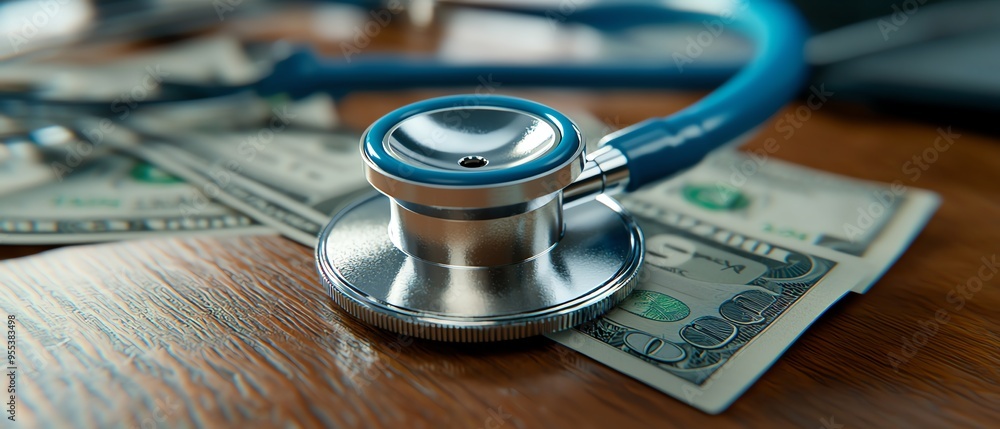 A stethoscope placed on money, symbolizing the intersection of healthcare and finance in modern medicine.