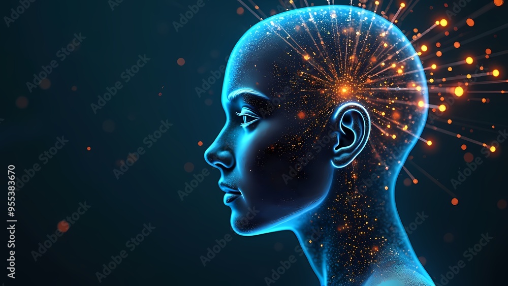 Obraz premium Human Face Composed of Glowing Lines with Neural Pathways in Dark Space