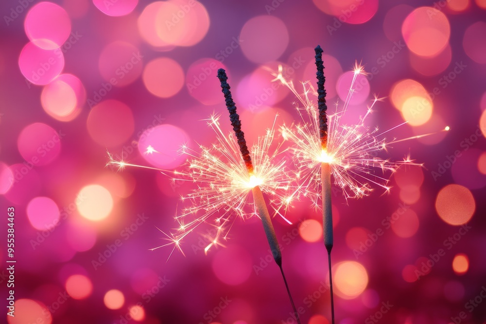 Obraz premium Two sparklers lit against a vibrant pink and purple bokeh background, creating a warm and celebratory holiday vibe.