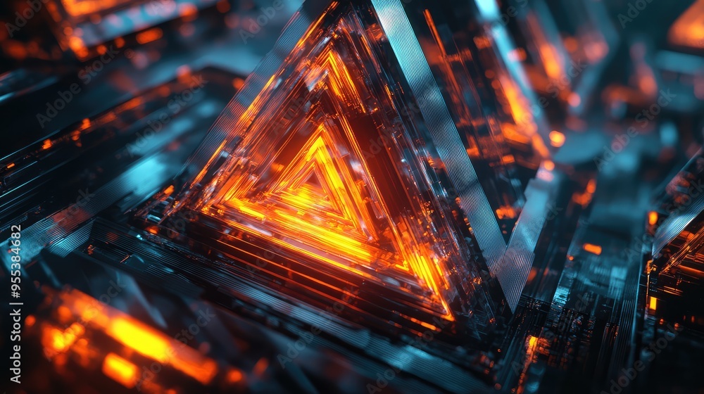 An abstract design featuring glass triangles with glowing centers, forming a pyramid-like structure An abstract design featuring glass triangles with glowing centers, forming a pyramid-like structure