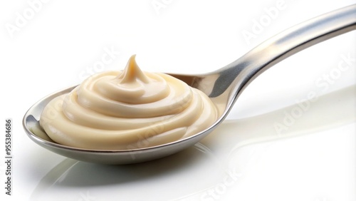 Spoonful of mayonnaise against white backdrop, tilted angle photo