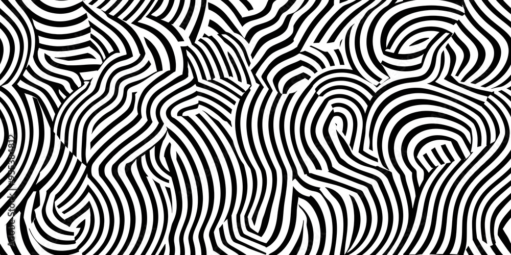 Obraz premium Seamless trippy psychedelic vintage mid century modern geometric striped circle pattern. Bold monochrome black and white retro surreal lines aesthetic art. Optical illusion scallop background texture.