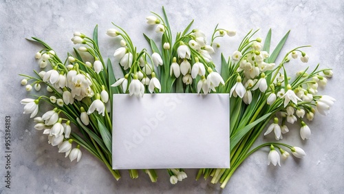 Spring-themed white sheet postcard mockup featuring snowdrops and lilies of the valley photo