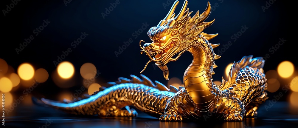 Obraz premium A majestic golden dragon sculpture with intricate details and a mystical aura, perfect for fantasy and mythology enthusiasts.