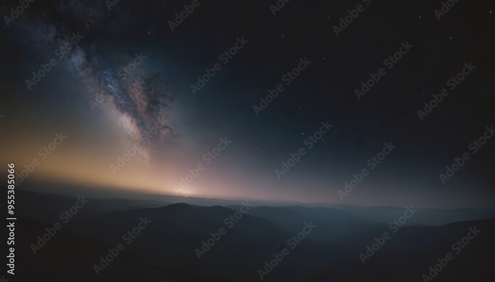 A dark sky with a milky way galaxy above a mountain range, with a slight hint of orange glow from the horizon. A dark sky with a milky way galaxy above a mountain range, with a slight hint of orange glow from the horizon.