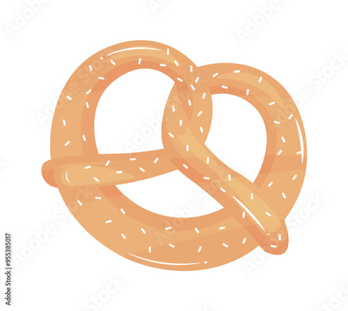 This flat vector illustration shows a traditional european pretzel with a brown color and covered in white salt grains