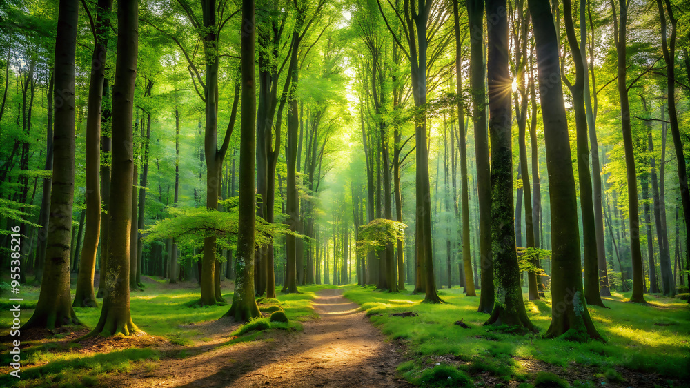 Obraz premium Sunbeams through canopy of lush forest illuminating green forest.