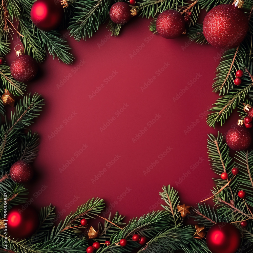Christmas and New Year seasonal square template design with decorations and copy space for social media post. Red and green color tone on red plain background. Christmas and New Year seasonal square template design with decorations and copy space for social media post. Red and green color tone on red plain background.