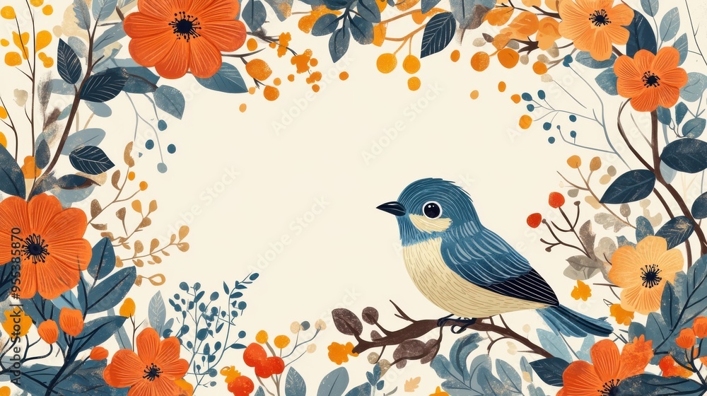 Floral bird clipart in Scandinavian style with cartoon borders, vector Floral bird clipart in Scandinavian style with cartoon borders, vector