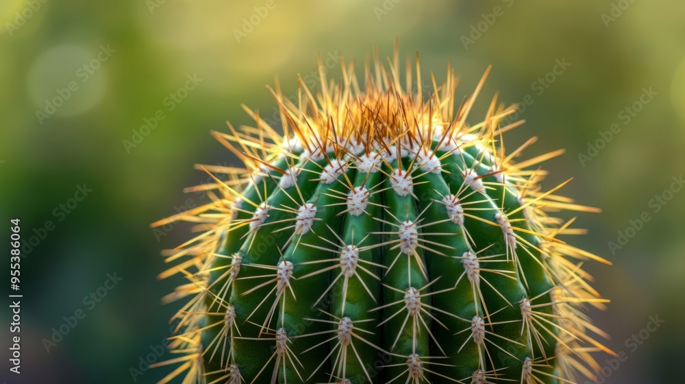 Macro view of Echinocactus grusonii showcasing spine patterns against a soft focus background Macro view of Echinocactus grusonii showcasing spine patterns against a soft focus background
