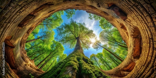 Stock photo of strong trees growing in the hollow of a tree stump, viewed from below photo