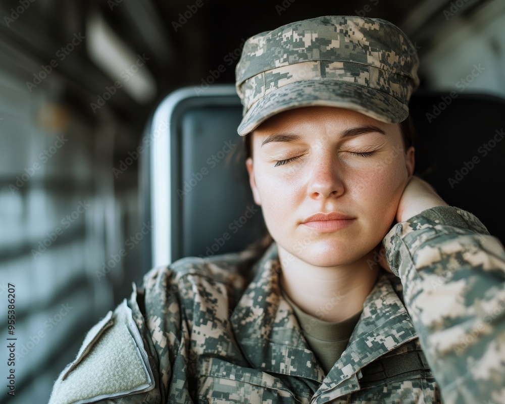 A female soldier in uniform, eyes closed, rests her head on her hand while sitting in a vehicle. A female soldier in uniform, eyes closed, rests her head on her hand while sitting in a vehicle.