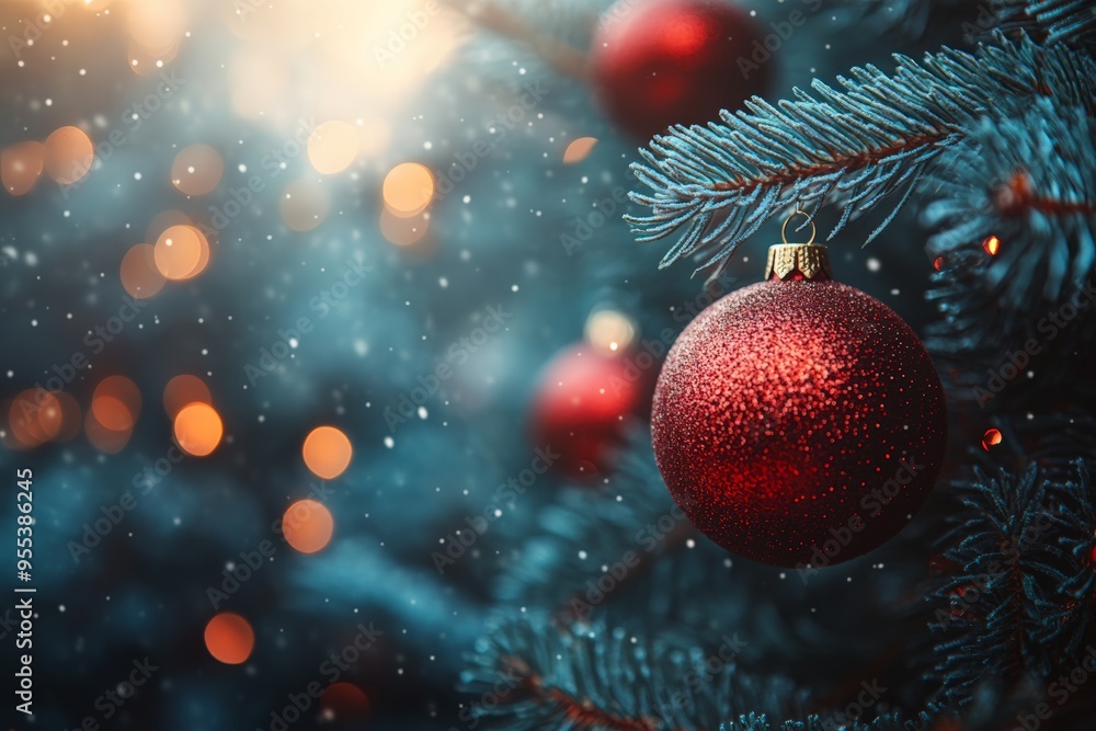 A single red Christmas ornament dusted with snow, hanging on a frosty pine branch in a peaceful winter scene with soft bokeh lights. A single red Christmas ornament dusted with snow, hanging on a frosty pine branch in a peaceful winter scene with soft bokeh lights.