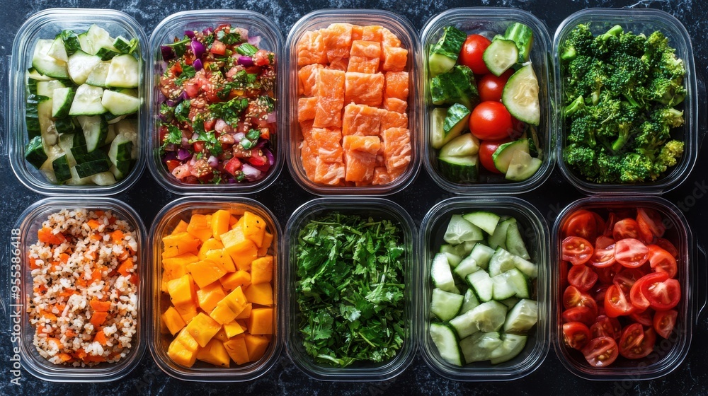 Healthy meal prep with fresh ingredients, emphasizing nutrition Healthy meal prep with fresh ingredients, emphasizing nutrition
