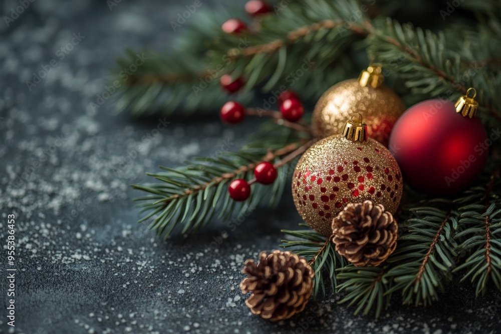 Christmas ornaments in red and gold nestled among pine branches, with soft berries and a festive, natural setting. Christmas ornaments in red and gold nestled among pine branches, with soft berries and a festive, natural setting.