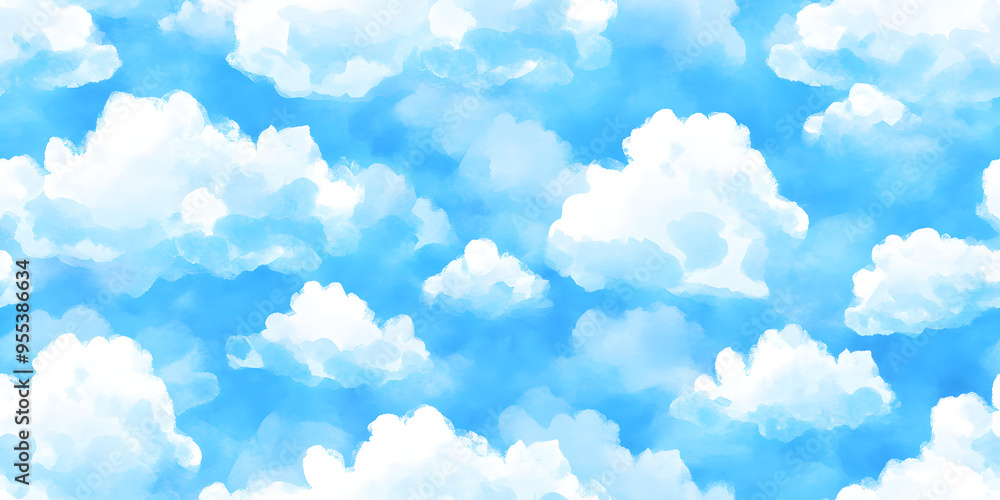 Seamless white puffy watercolor clouds on bright blue sky background pattern. Tileable hand painted digital gouache cartoon cloud texture. Abstract summer day landscape wallpaper or backdrop.. Seamless white puffy watercolor clouds on bright blue sky background pattern. Tileable hand painted digital gouache cartoon cloud texture. Abstract summer day landscape wallpaper or backdrop..