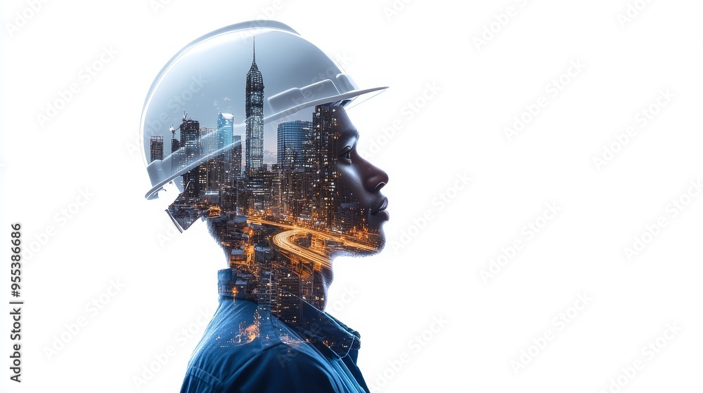 A double exposure image of a construction worker wearing a hard hat, with a cityscape superimposed on his face, symbolizing the worker's role in building the future, their connection to the urban land A double exposure image of a construction worker wearing a hard hat, with a cityscape superimposed on his face, symbolizing the worker's role in building the future, their connection to the urban land