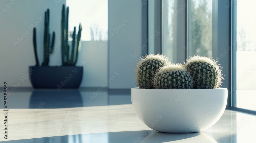 Mammillaria cactus as a stylish centerpiece in a minimalist modern living space with natural light Mammillaria cactus as a stylish centerpiece in a minimalist modern living space with natural light
