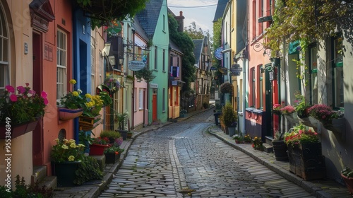 charming cobblestone street in kinsale colorful georgian houses flower boxes quaint shops warm evening light