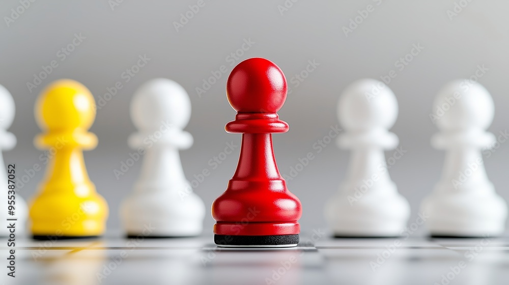A red pawn is on a chessboard with other pawns. The red pawn is in the middle of the board and is surrounded by white pawns A red pawn is on a chessboard with other pawns. The red pawn is in the middle of the board and is surrounded by white pawns
