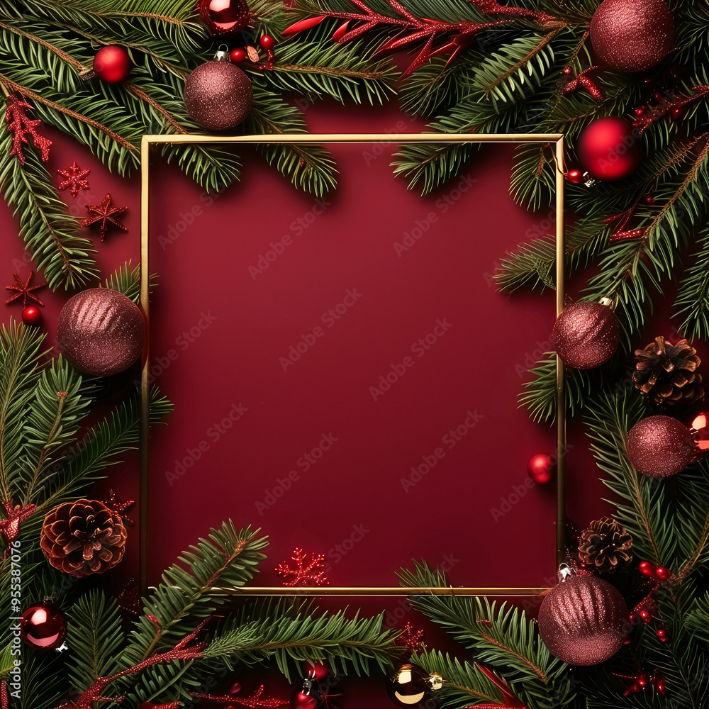 Christmas and New Year seasonal square template design with decorations and copy space for social media post. Gold and green color tone on red plain background. Christmas and New Year seasonal square template design with decorations and copy space for social media post. Gold and green color tone on red plain background.