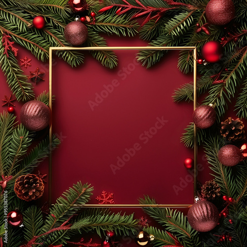 Christmas and New Year seasonal square template design with decorations and copy space for social media post. Gold and green color tone on red plain background.