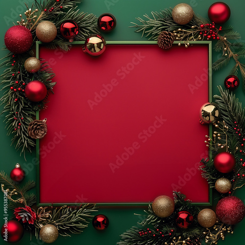 Christmas and New Year seasonal square template design with decorations and copy space for social media post. Gold and green color tone on red plain background. photo