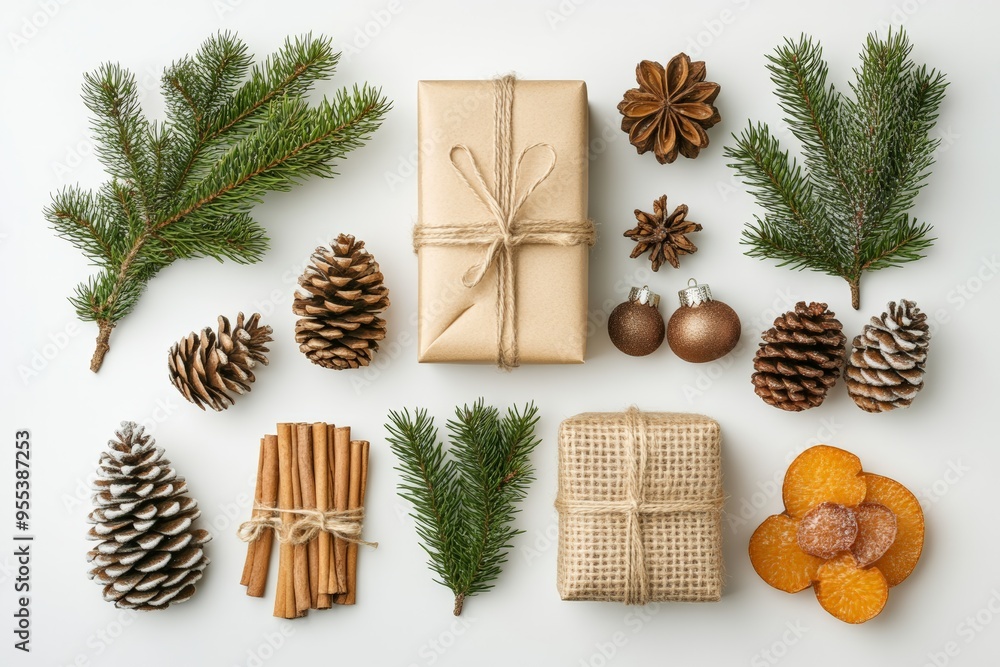 Flat lay of natural Christmas decorations, including pinecones, cinnamon sticks, and wrapped gifts, arranged in a minimalist style. Flat lay of natural Christmas decorations, including pinecones, cinnamon sticks, and wrapped gifts, arranged in a minimalist style.