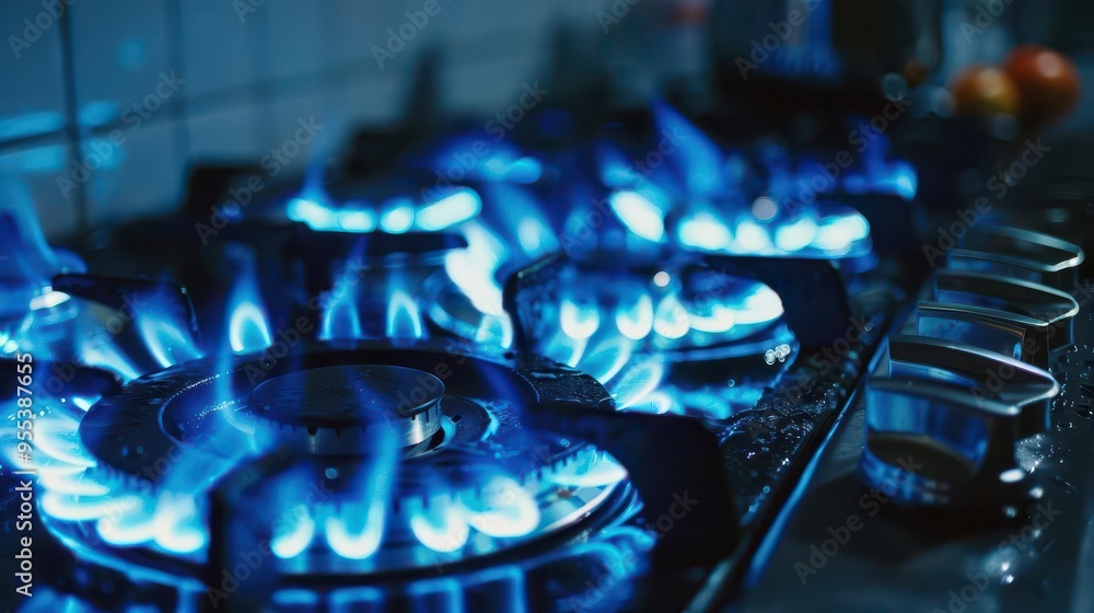 closeup of a modern kitchen gas stove burner with vibrant blue flames symbolizing energy consumption and rising gas costs closeup of a modern kitchen gas stove burner with vibrant blue flames symbolizing energy consumption and rising gas costs