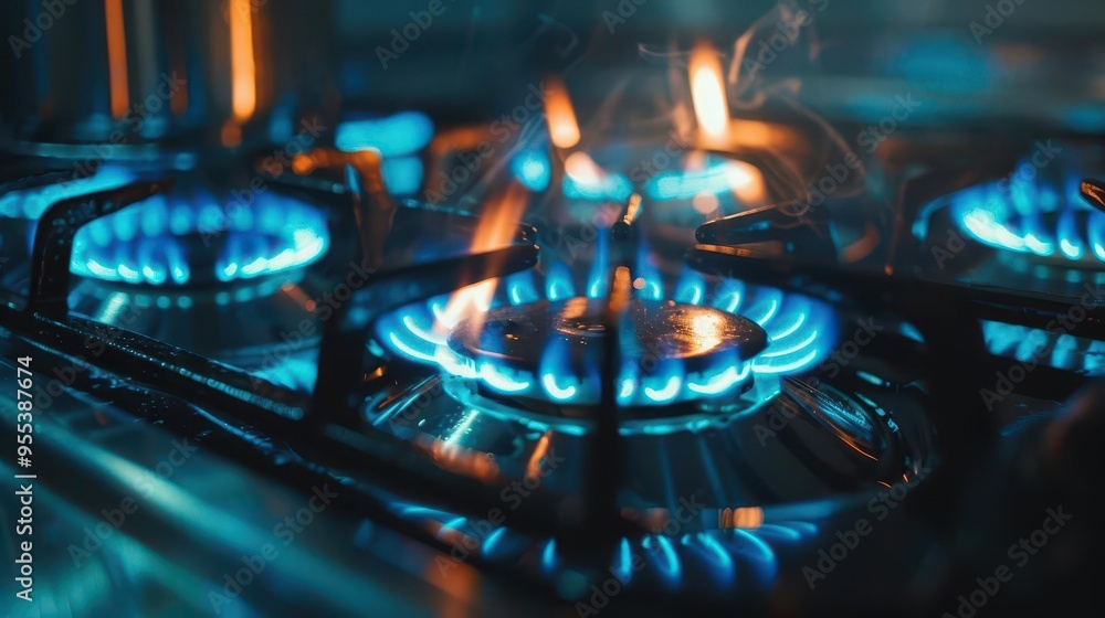 closeup of a modern kitchen gas stove burner with vibrant blue flames symbolizing energy consumption and rising gas costs closeup of a modern kitchen gas stove burner with vibrant blue flames symbolizing energy consumption and rising gas costs