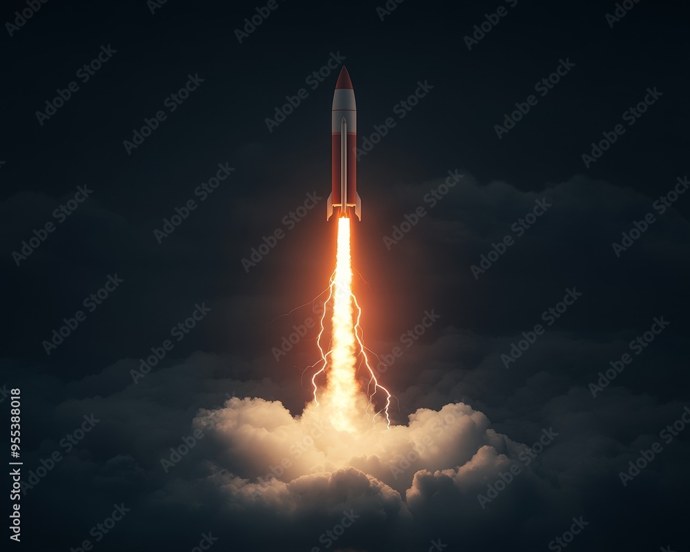 A rocket ship launches through the clouds, leaving a fiery trail behind. The dark sky adds drama to the scene. A rocket ship launches through the clouds, leaving a fiery trail behind. The dark sky adds drama to the scene.