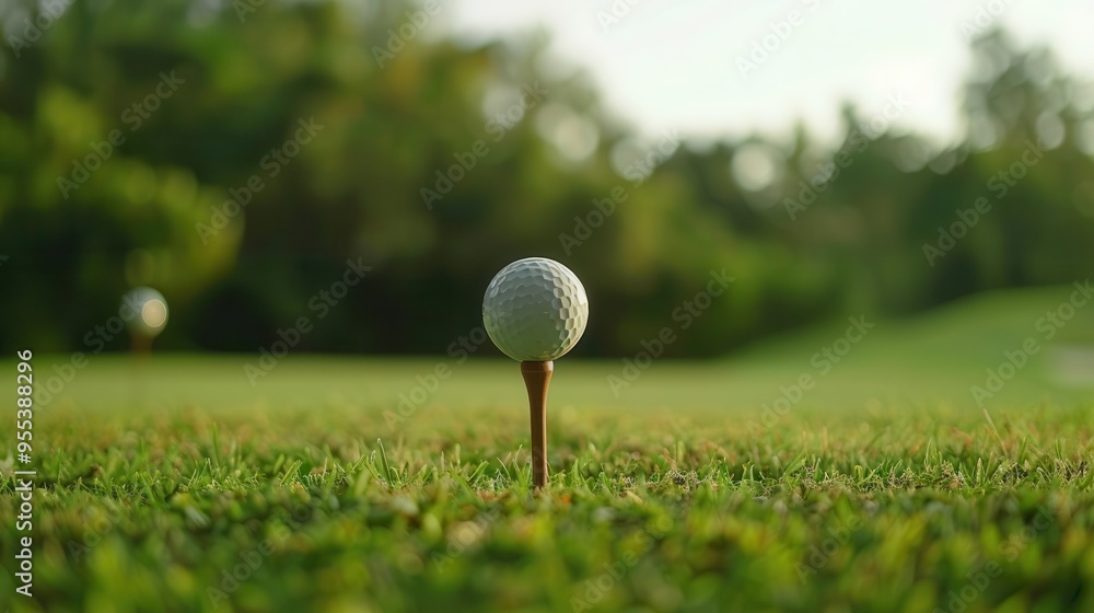 closeup of pristine white golf ball perched on wooden tee against blurred verdant fairway embodying precision and anticipation closeup of pristine white golf ball perched on wooden tee against blurred verdant fairway embodying precision and anticipation