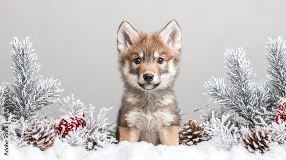 Little baby wolf in a snowy mountain scene Little baby wolf in a snowy mountain scene