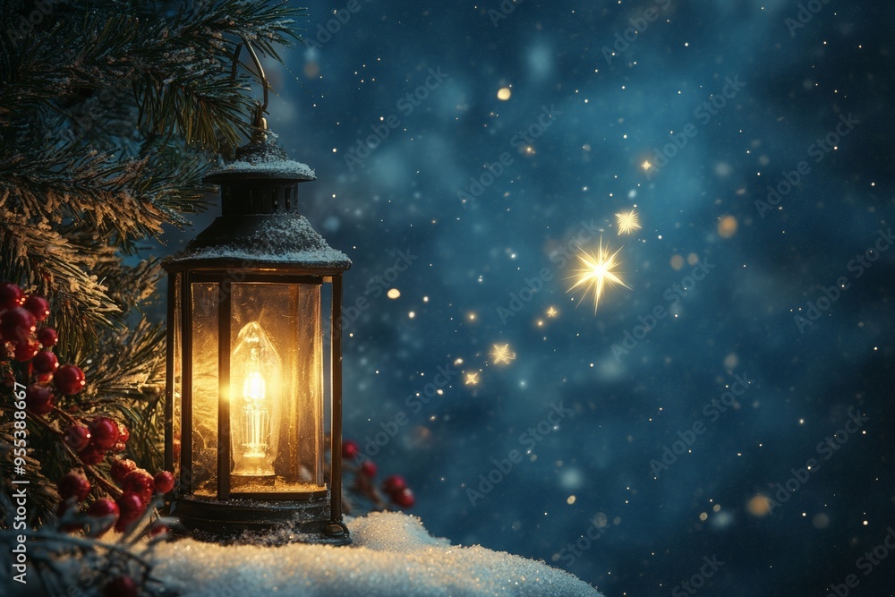 Cozy lantern with a warm glow hanging among pine branches, illuminating the night sky with twinkling stars. Cozy lantern with a warm glow hanging among pine branches, illuminating the night sky with twinkling stars.