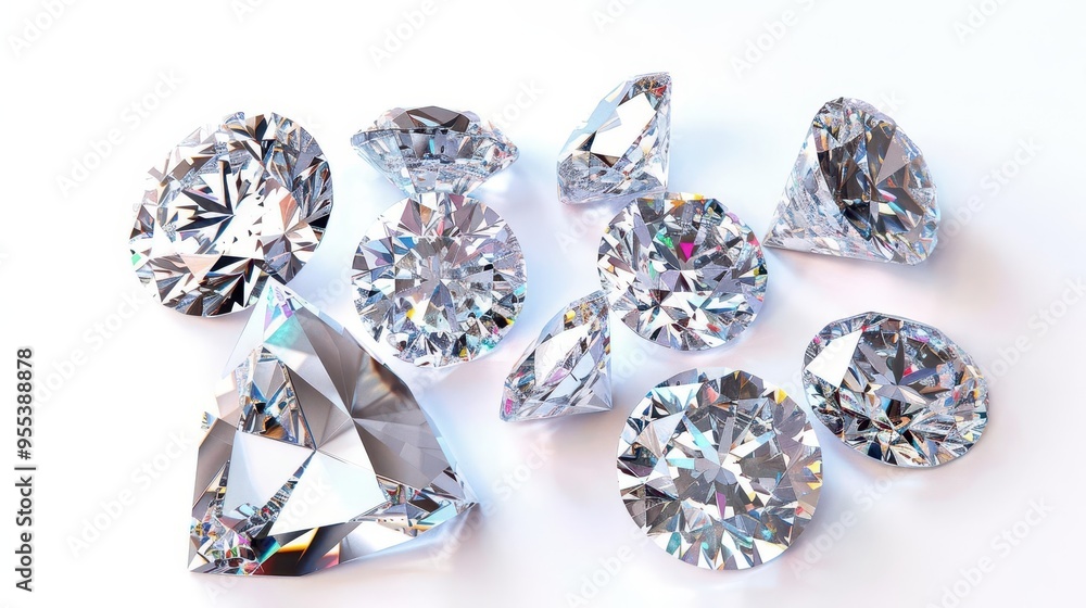collection of dazzling cut diamonds in various shapes refracting light pristine white background luxury jewelry showcase collection of dazzling cut diamonds in various shapes refracting light pristine white background luxury jewelry showcase