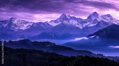 A picturesque landscape of snow-capped mountains basking in the purple light of morning, framed by the dark outlines of a forest.