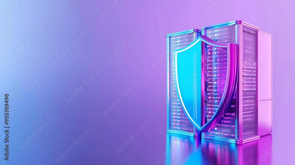 Data security concept with a server protected by a shield, symbolizing cybersecurity. Vibrant gradient background, modern, and futuristic design. Data security concept with a server protected by a shield, symbolizing cybersecurity. Vibrant gradient background, modern, and futuristic design.