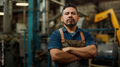 confident hispanic male factory worker with arms crossed standing in industrial setting dramatic lighting highlights determined expression machinery and production line visible in background