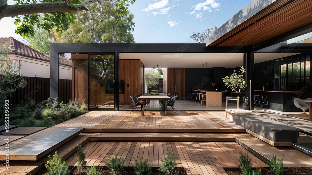 Fototapeta premium contemporary melbourne home extension with sleek deck and zen courtyard garden
