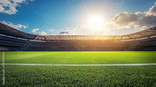 Lush Green Soccer Stadium Field Under Bright Afternoon Sun