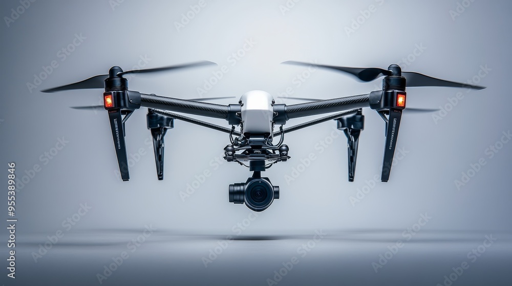 Drone with Closeup View of Camera Gimbal and Propellers Drone with Closeup View of Camera Gimbal and Propellers