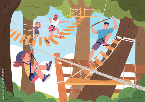 Kids in rope park. Family adventure forest recreation hanging ropes attractions, children with mother father in helmets climbing challenge active sport, classy vector illustration