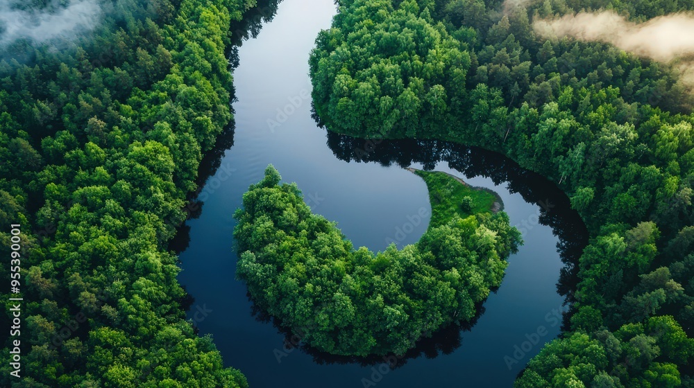 Aerial view of a river winding through a lush forest, reflecting the sky. Aerial view of a river winding through a lush forest, reflecting the sky.