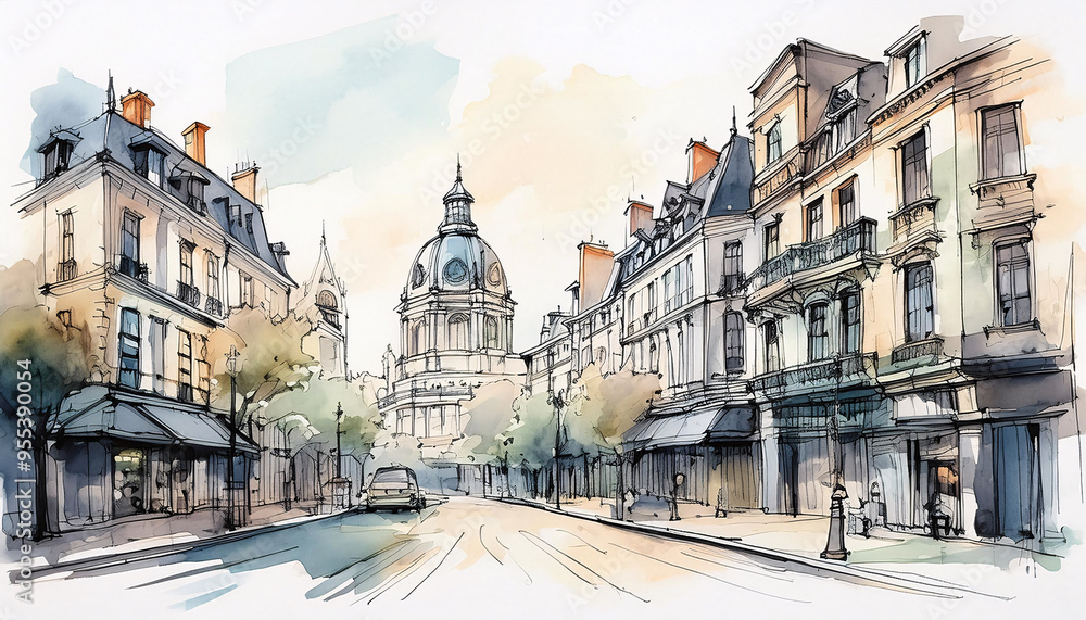 Watercolor sketch of a serene Paris street leading to a grand dome Watercolor sketch of a serene Paris street leading to a grand dome