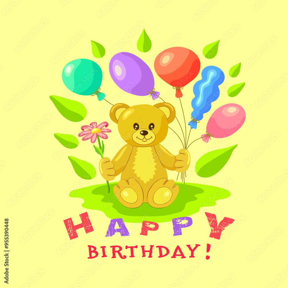 A cute bear cub is sitting with colorful balloons and a flower in its paw in a composition of petals on a yellow square background with the inscription Happy BIRTHDAY. Cards. Vector illustration. A cute bear cub is sitting with colorful balloons and a flower in its paw in a composition of petals on a yellow square background with the inscription Happy BIRTHDAY. Cards. Vector illustration.