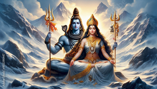 Hindu god Shiva or shiv with Parvati meditating on Mount Kailash in the Himalayas